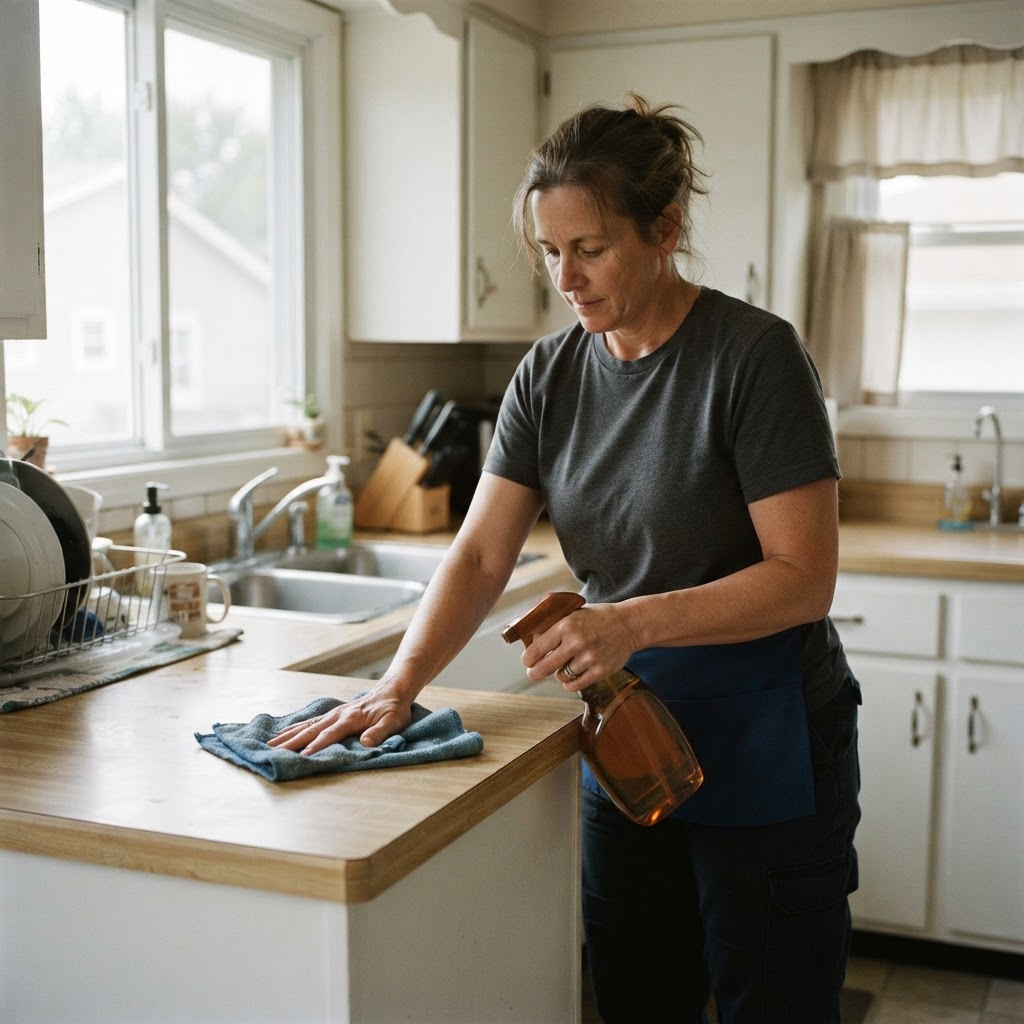 A professional cleaning kitchen surfaces in a bright home