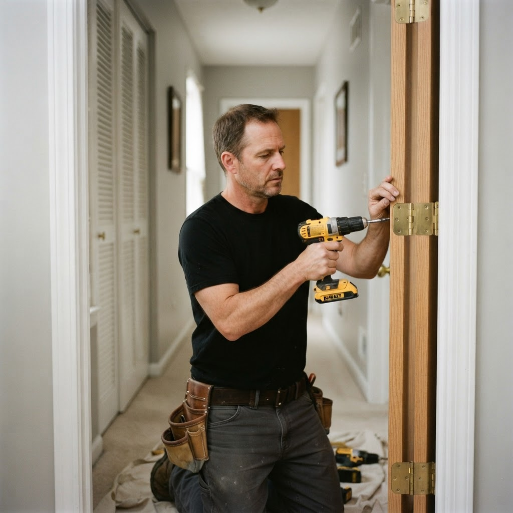 A professional installing an interior door with a drill