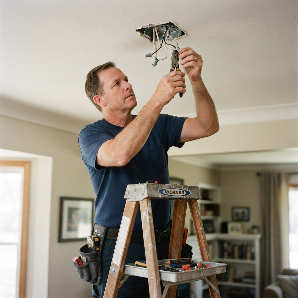 A professional installing a ceiling light fixture from a ladder