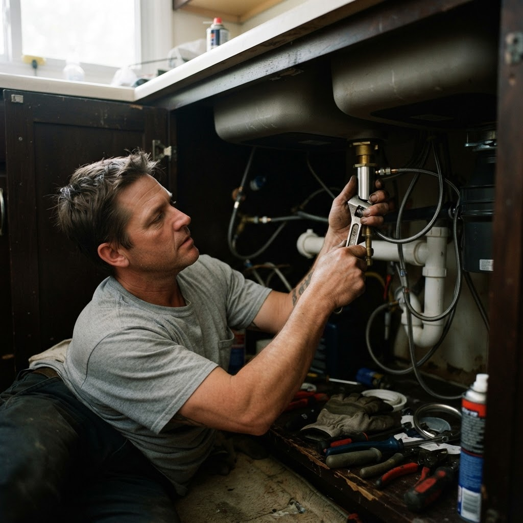 A professional installing a kitchen faucet under a sink
