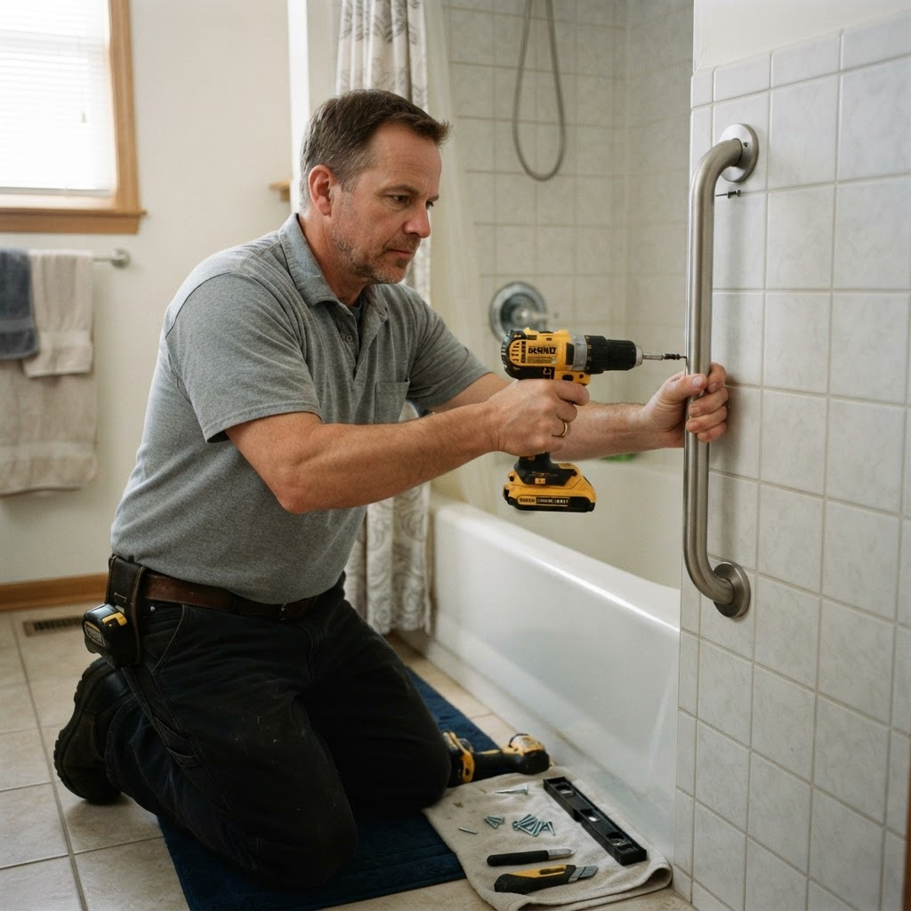 A grab bar being securely installed beside a bathtub