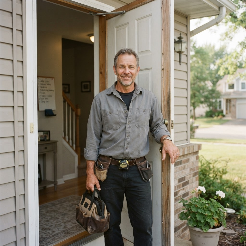 A handyman with a tool bag ready to start a list of home tasks