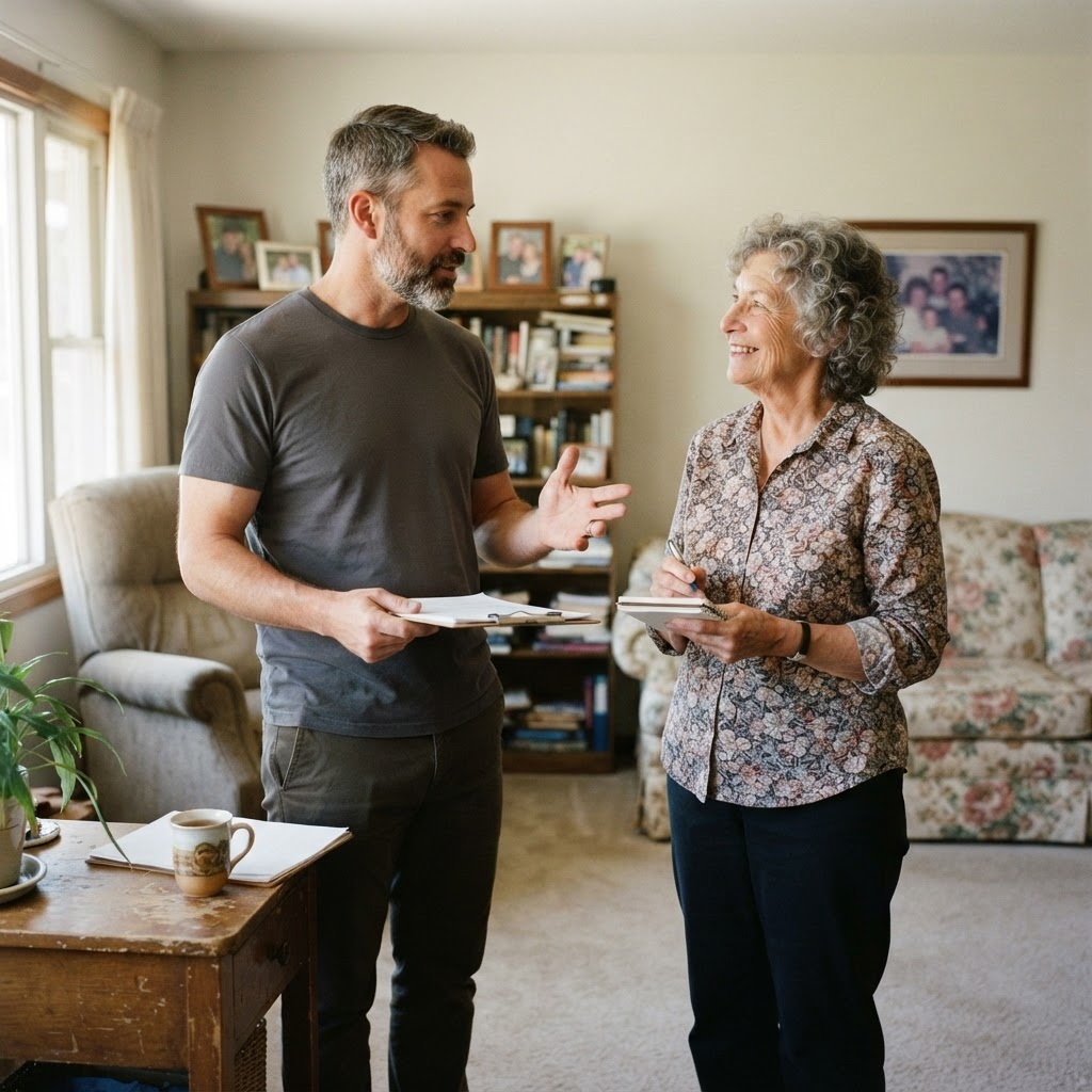 A professional talking respectfully with an older homeowner about a home project
