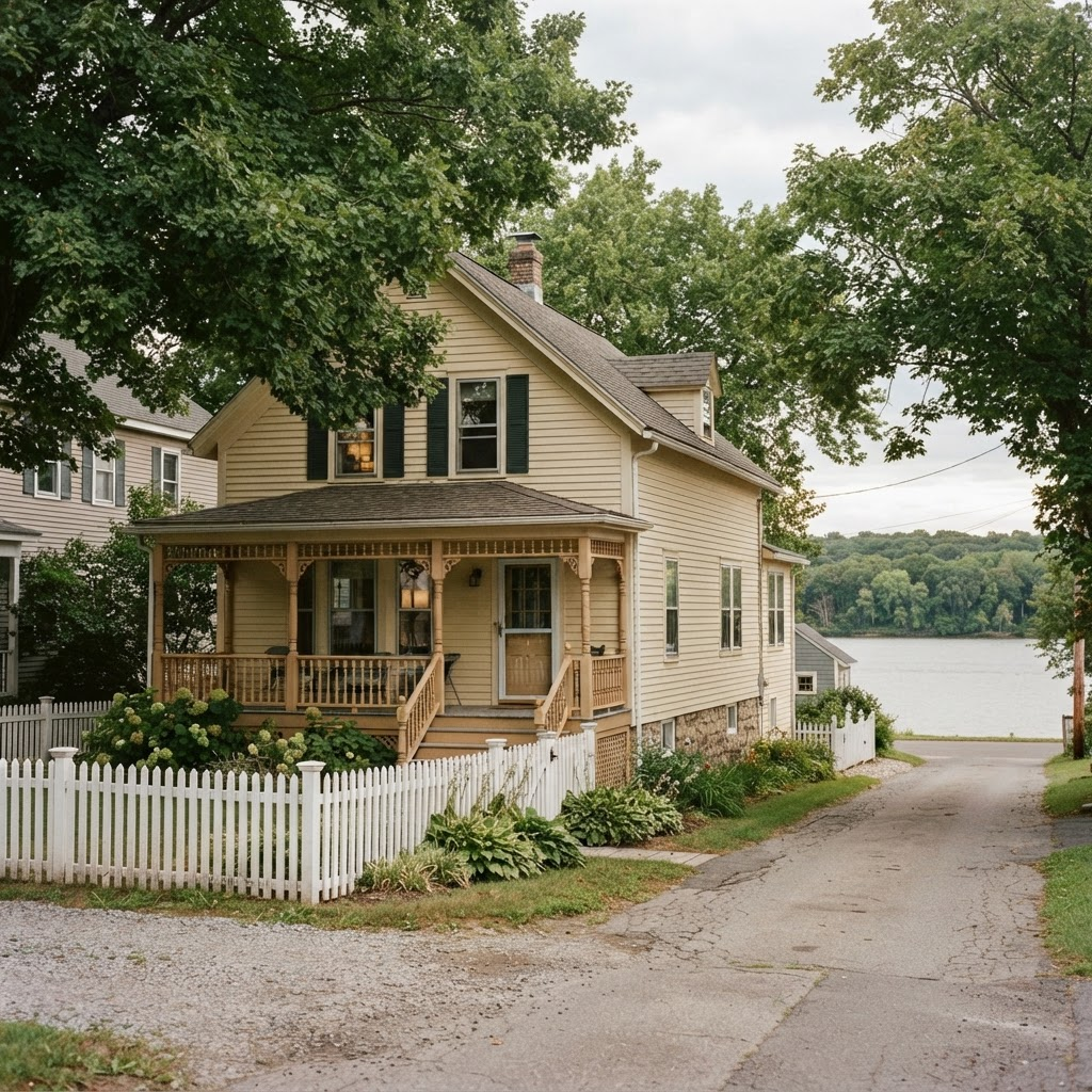 Small-town two-story home with a wraparound porch on a quiet Mosinee street near the Wisconsin River
