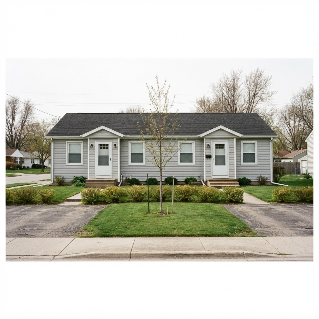 Tidy side-by-side residential duplex with light-gray siding on a Stevens Point street in spring