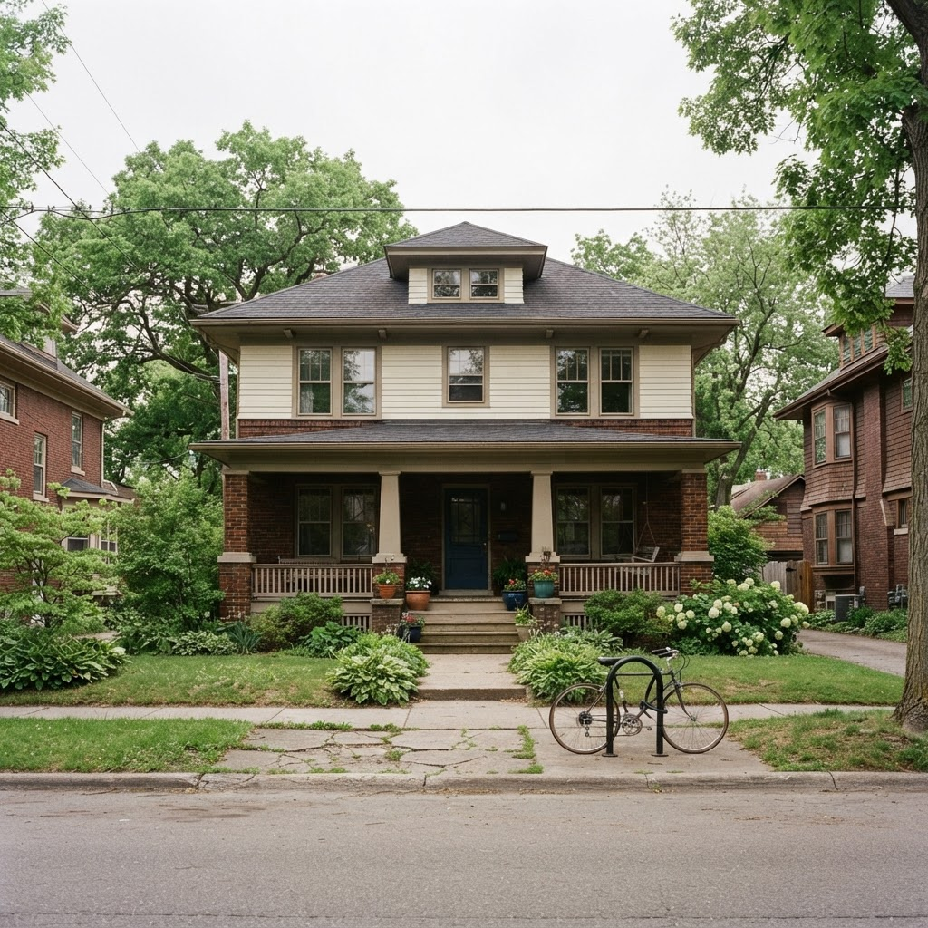 Two-story early-1900s foursquare home with a broad porch on a leafy near-campus Stevens Point street