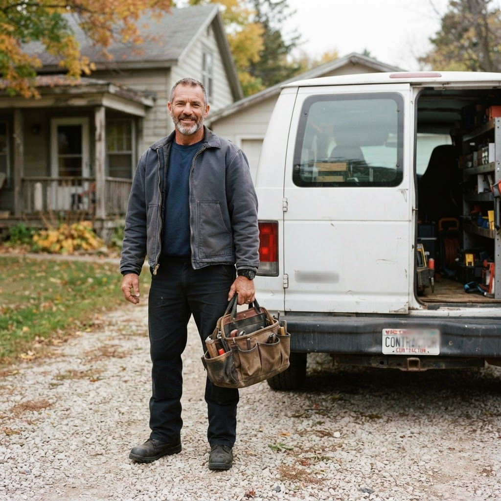 A skilled tradesperson standing beside a work van, ready for the next job