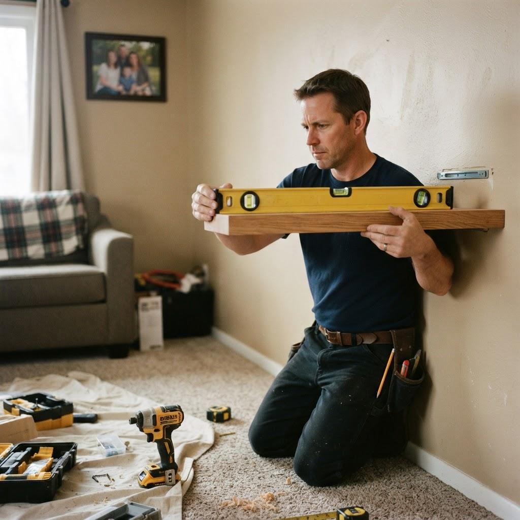 A professional mounting a floating shelf using a level